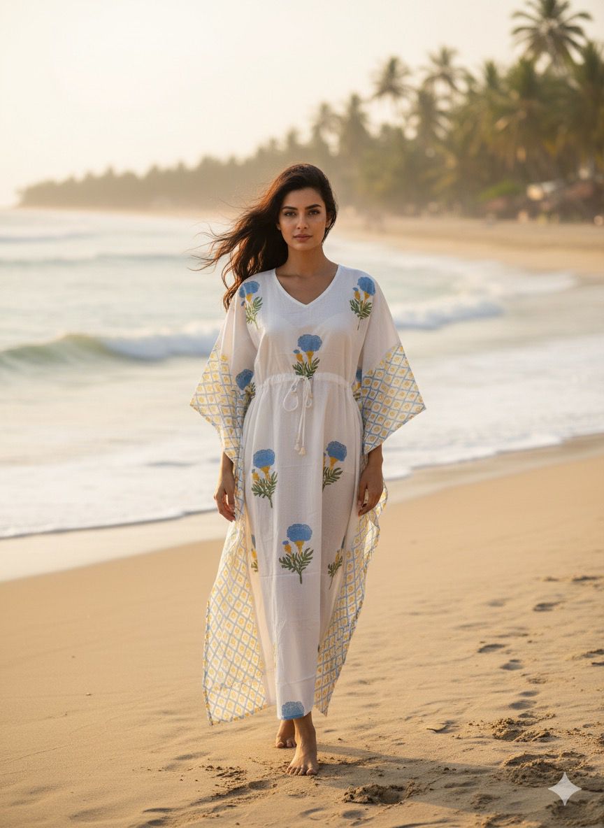 KaftAura Handblock Cotton Kaftan EE-KA428