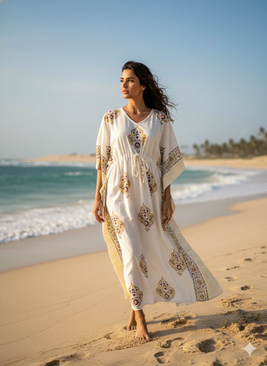 KaftAura Handblock Cotton Kaftan EE-KA428