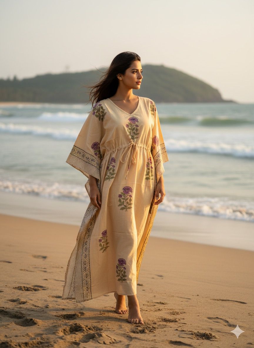 KaftAura Handblock Cotton Kaftan EE-KA428