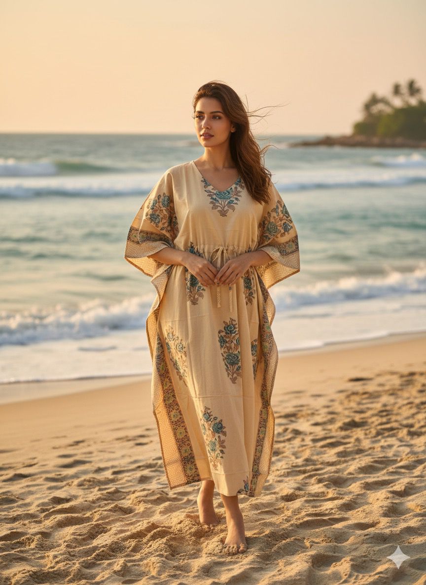 KaftAura Handblock Cotton Kaftan EE-KA428